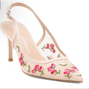 New Stuart Weitzman Floral Embroidered Mesh Slingback Heels 10